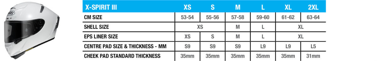 Shoei x spirit 3 size chart 2025